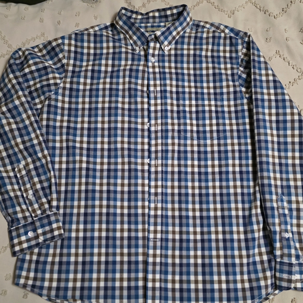 Haggar XL Haggar Checkered Blue, Brown & White Button-Down Long Sleeve Shirt
